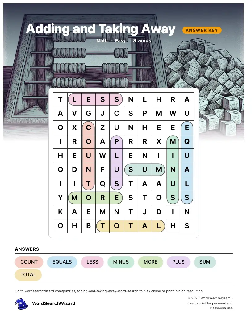 Adding and Taking Away word search answer key, all 8 words marked
