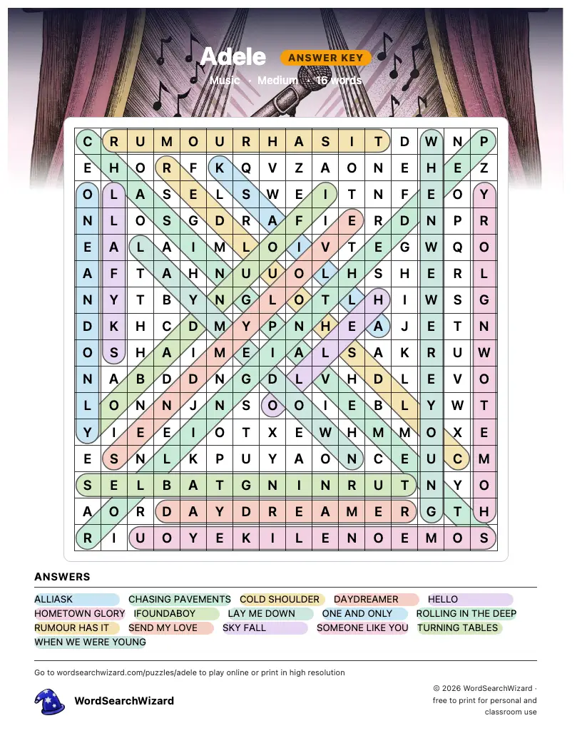 Adele word search answer key, all 16 words marked