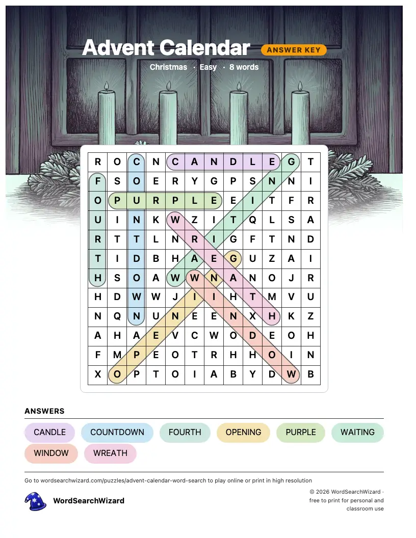 Advent Calendar word search answer key, all 8 words marked
