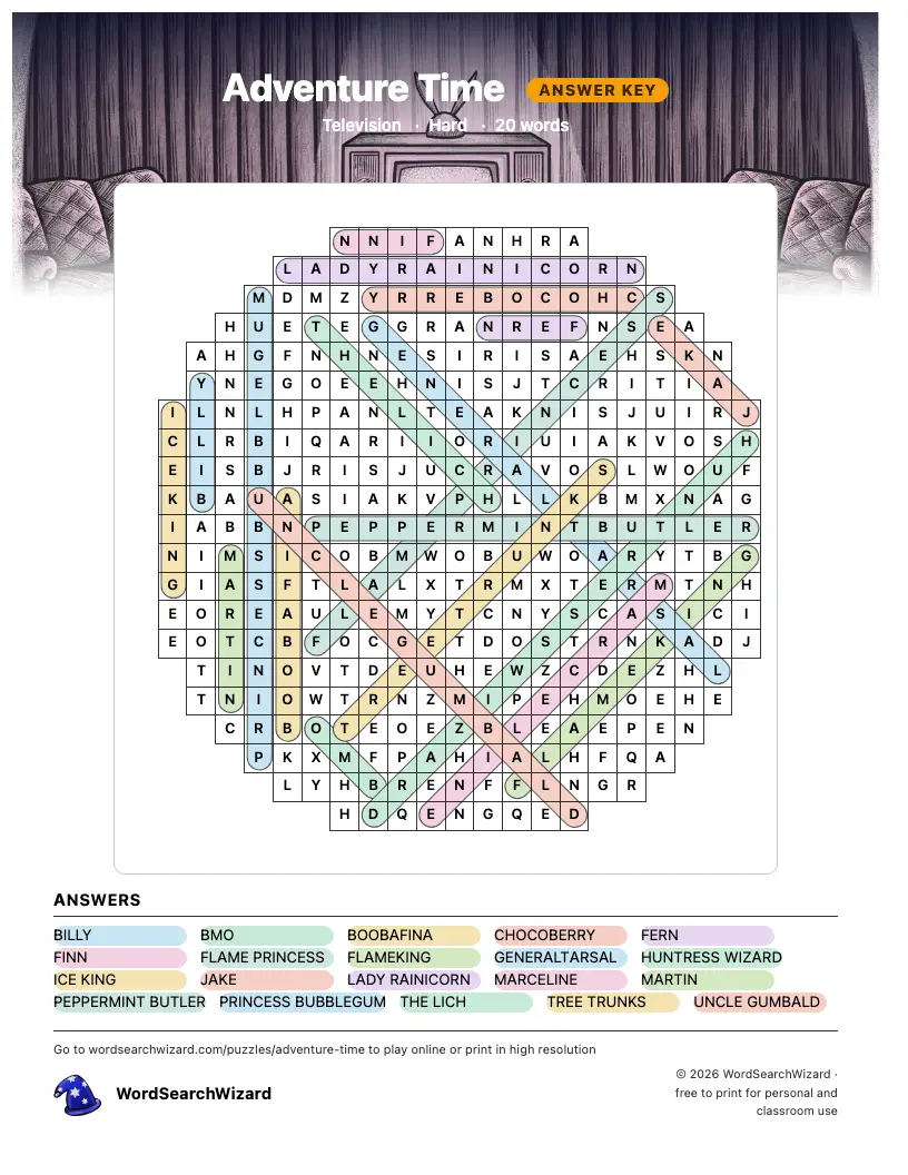 Adventure Time word search answer key, all 20 words marked
