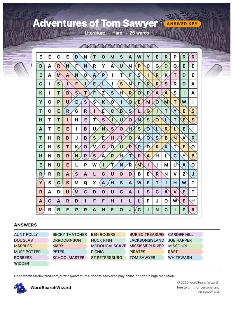 Adventures of Tom Sawyer word search answer key, all 26 words marked