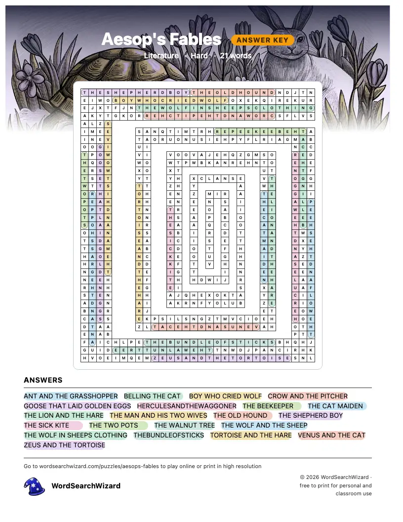Aesop's Fables word search answer key, all 21 words marked