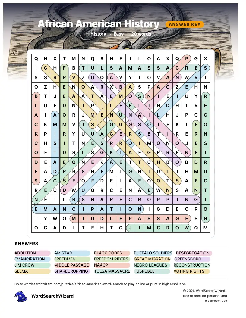 African American History word search answer key, all 20 words marked