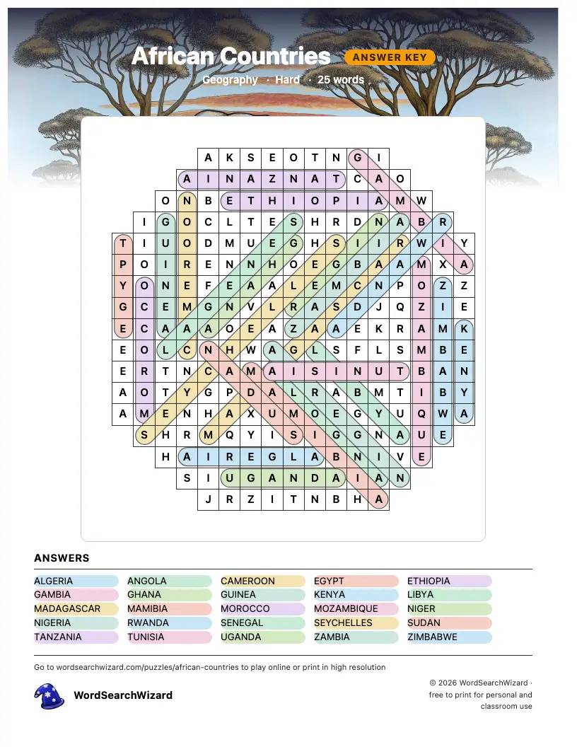 African Countries word search answer key, all 25 words marked