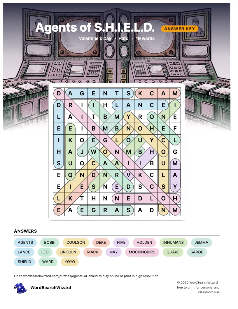 Agents of S.H.I.E.L.D. word search answer key, all 19 words marked