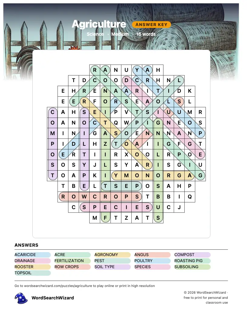 Agriculture word search answer key, all 16 words marked