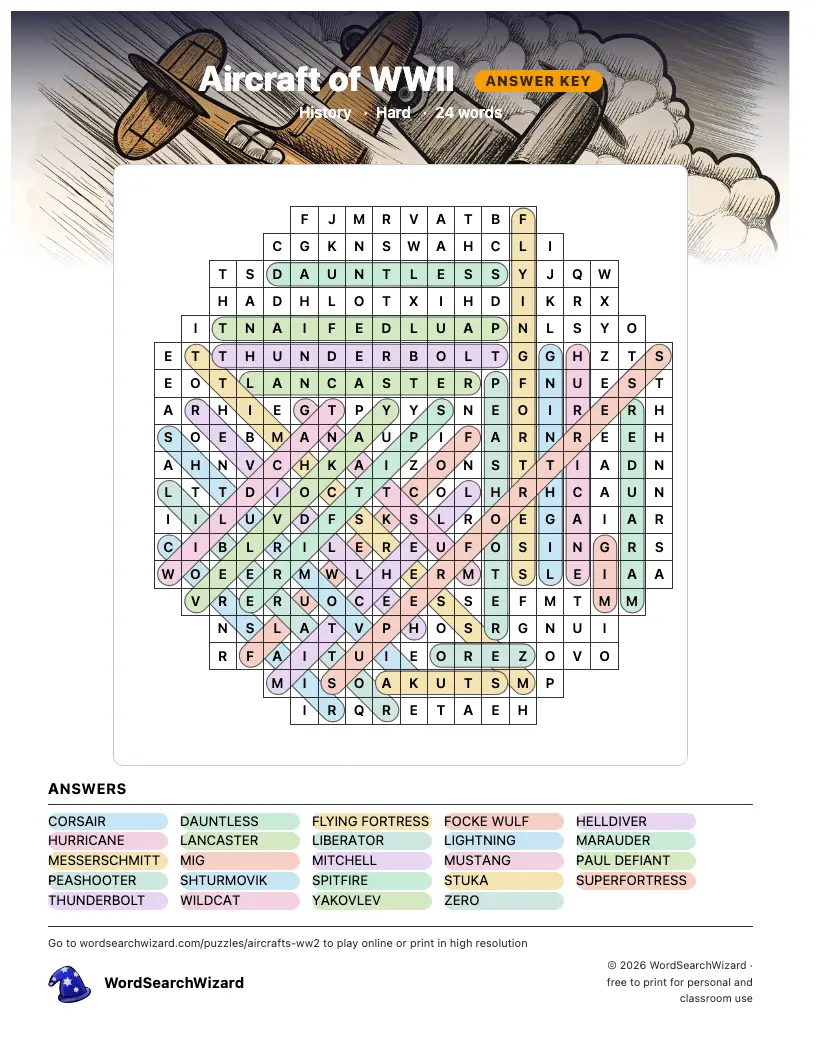 Aircraft of WWII word search answer key, all 24 words marked