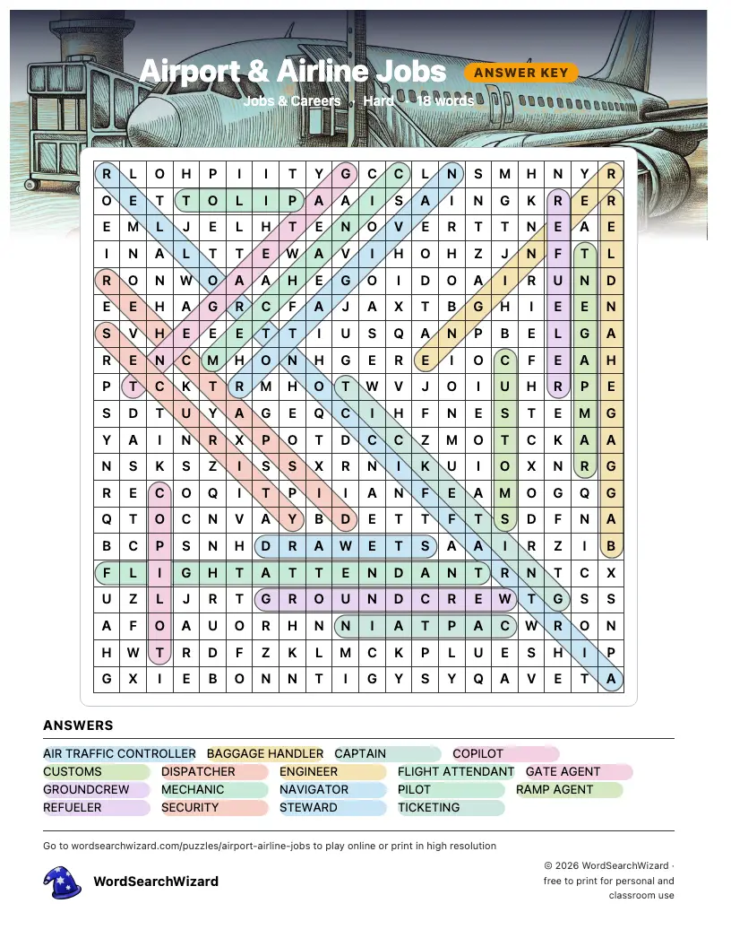 Airport & Airline Jobs word search answer key, all 18 words marked