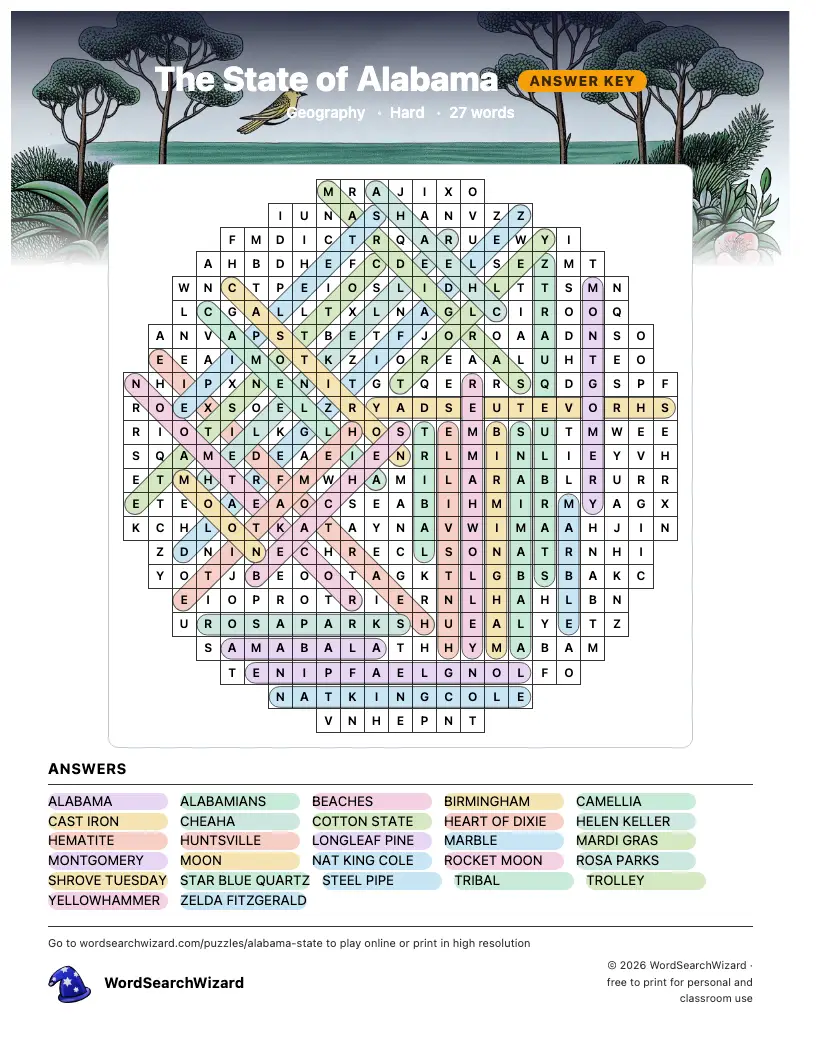 The State of Alabama word search answer key, all 27 words marked