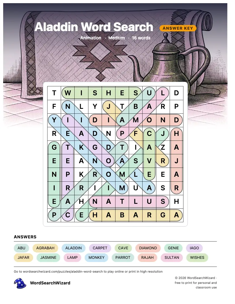 Aladdin word search answer key, all 16 words marked