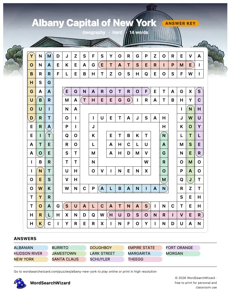 Albany Capital of New York word search answer key, all 14 words marked