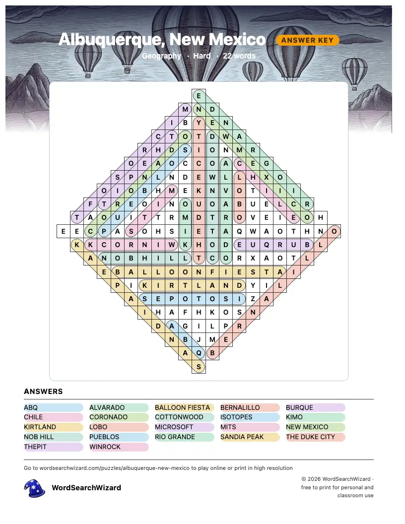 Albuquerque, New Mexico word search answer key, all 22 words marked