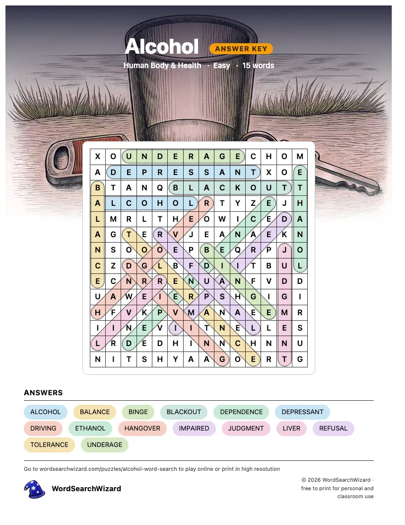 Alcohol word search answer key, all 15 words marked