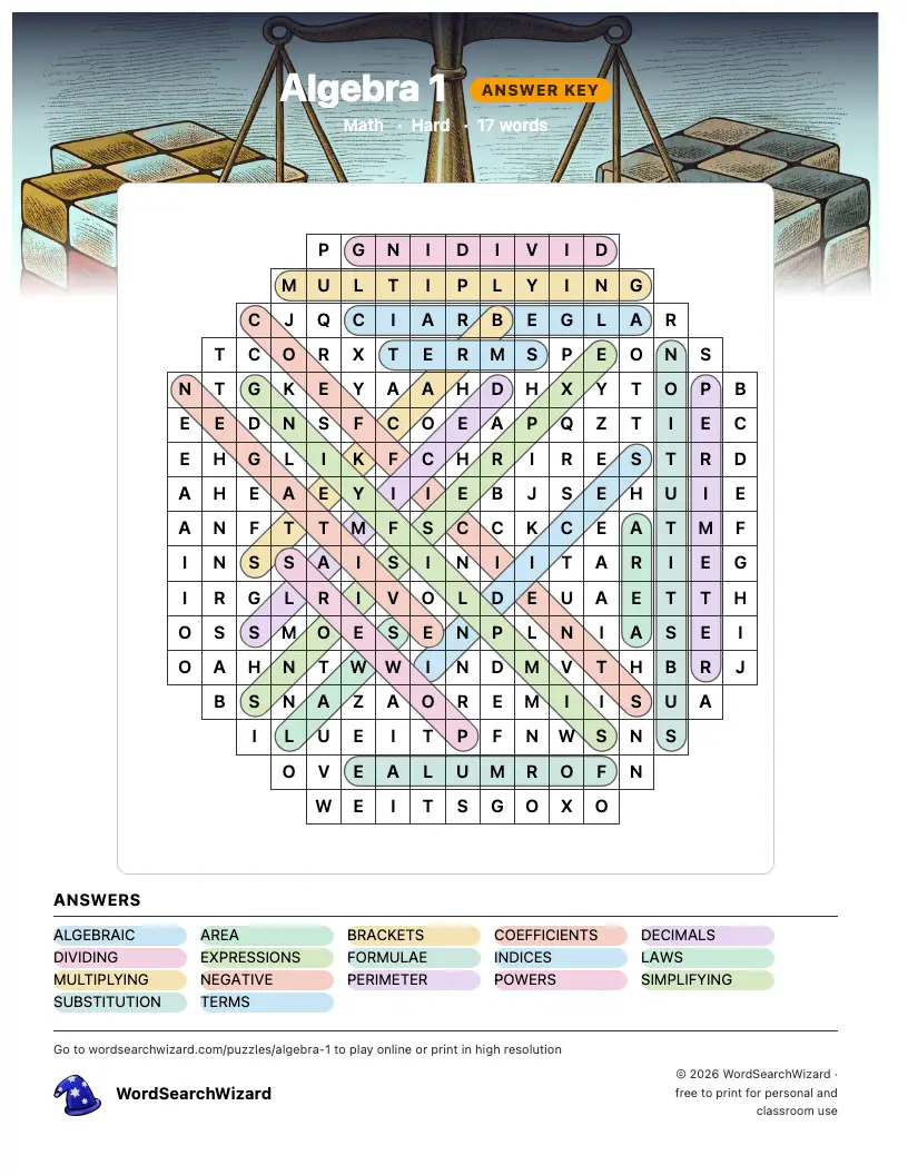Algebra 1 word search answer key, all 17 words marked