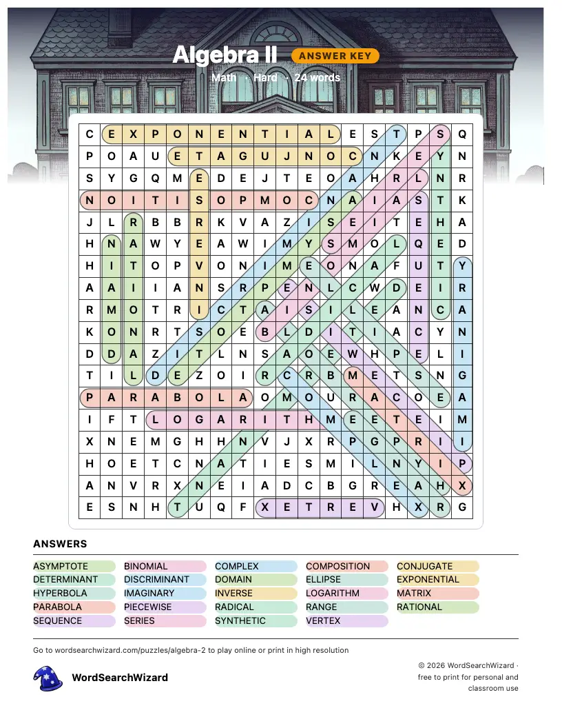 Algebra II word search answer key, all 24 words marked