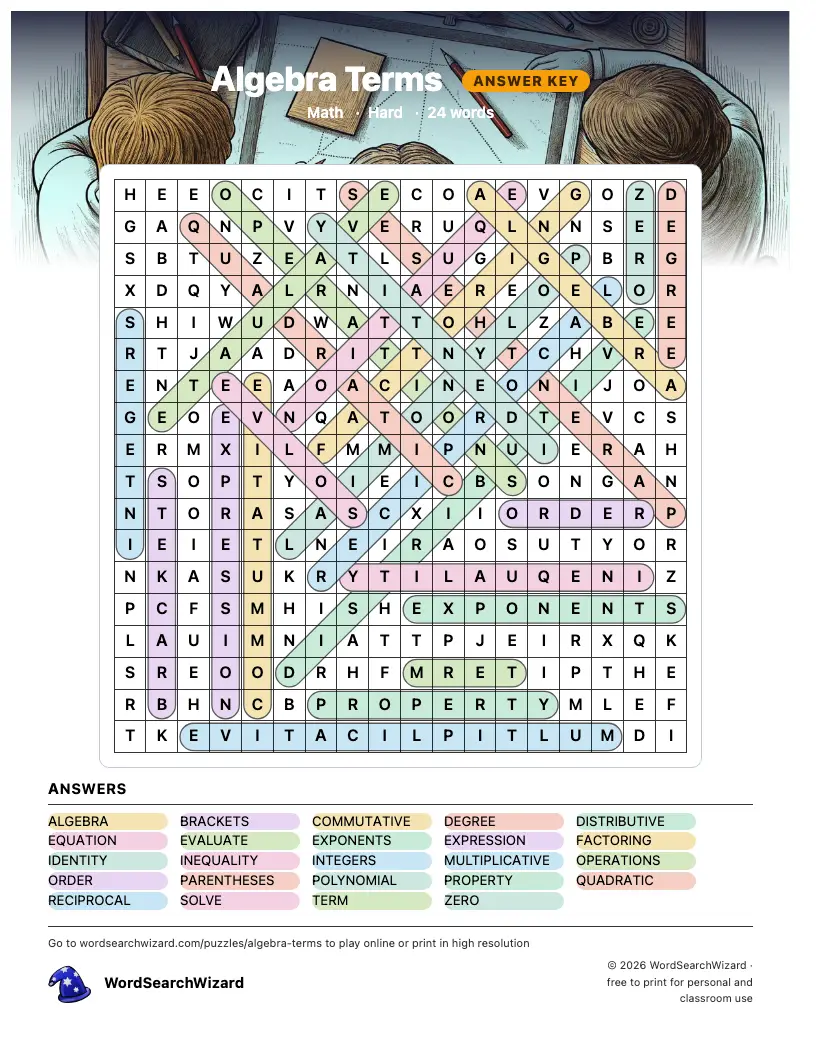 Algebra Terms word search answer key, all 24 words marked