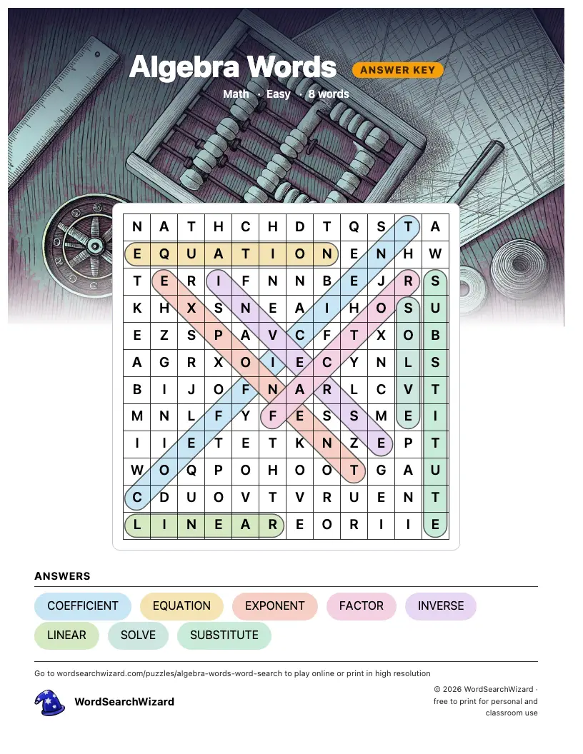 Algebra Words word search answer key, all 8 words marked