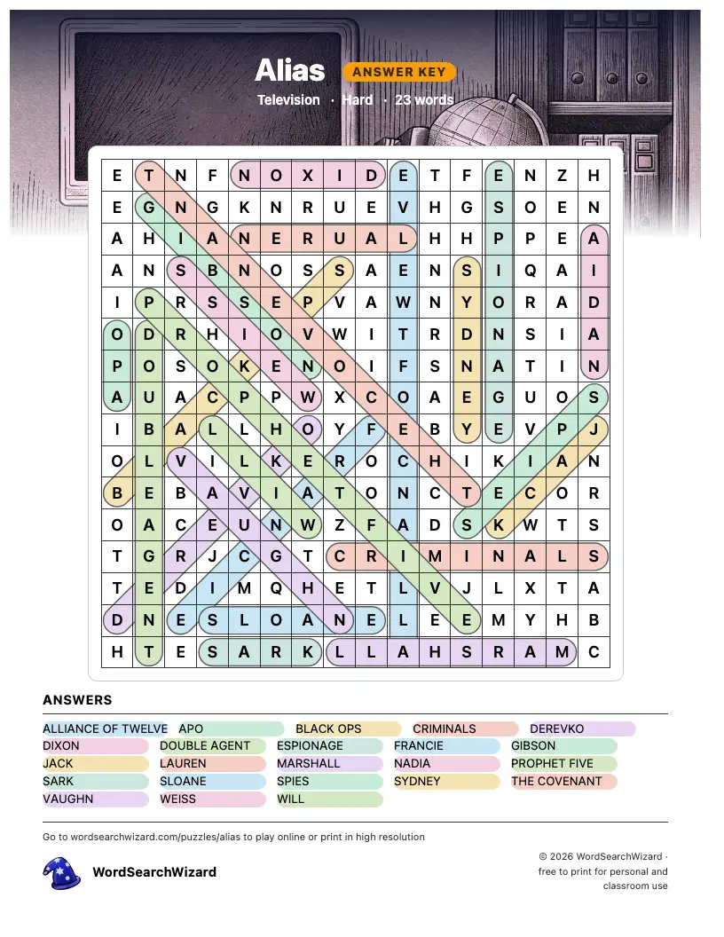 Alias word search answer key, all 23 words marked