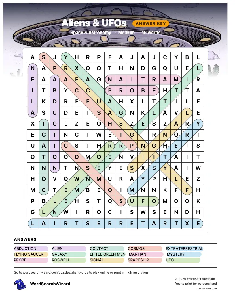 Aliens & UFOs word search answer key, all 15 words marked