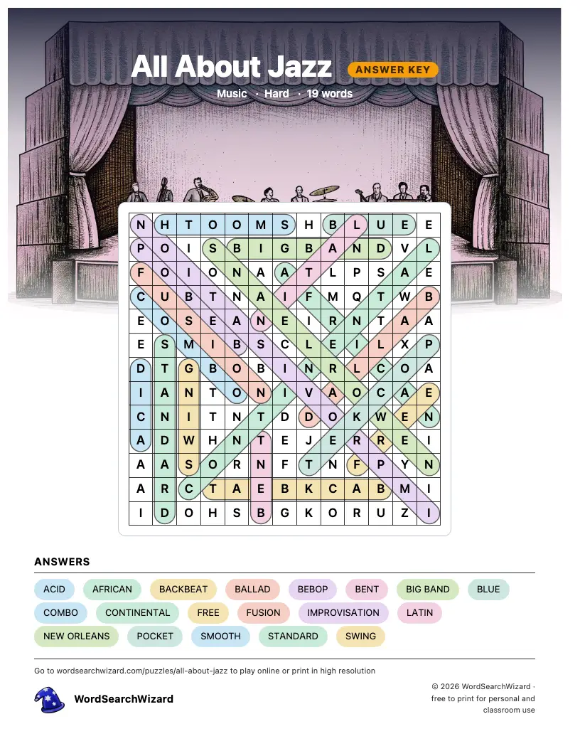 All About Jazz word search answer key, all 19 words marked