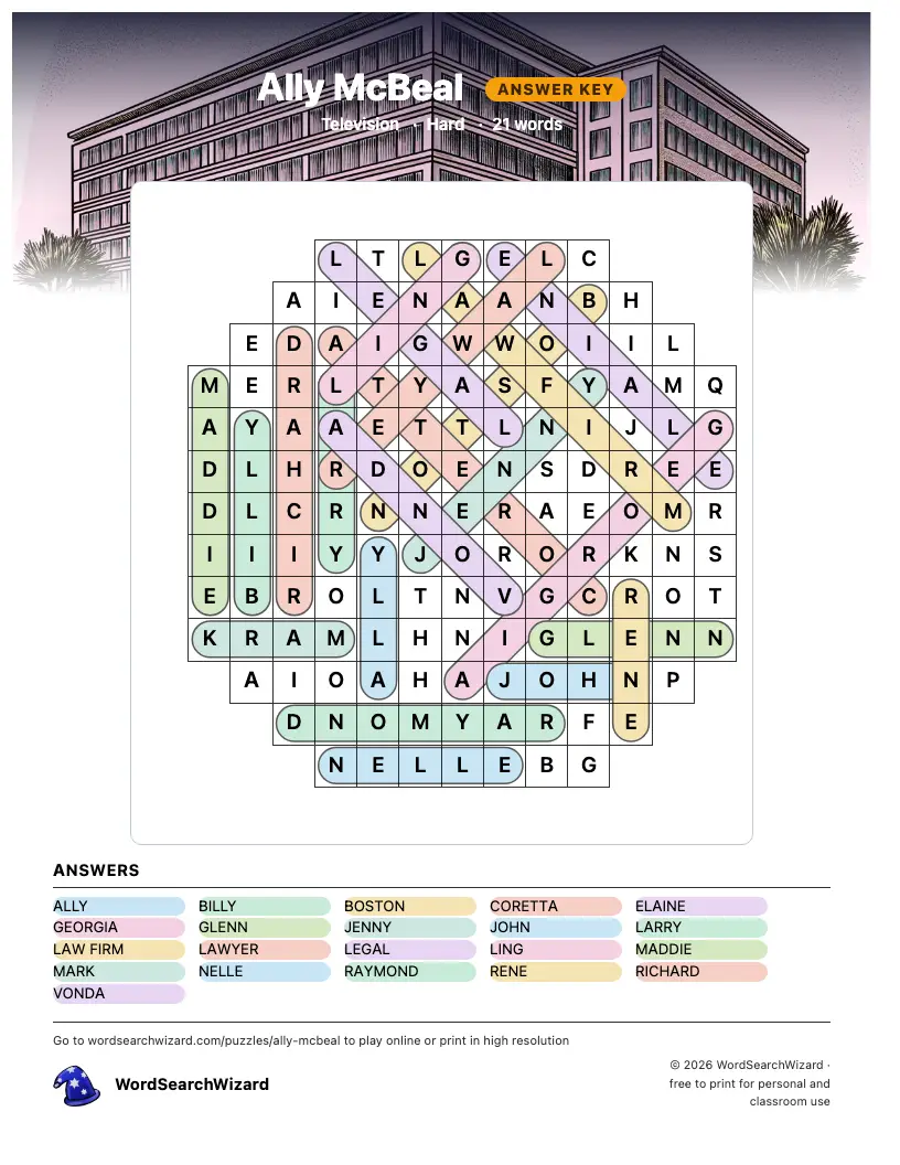 Ally McBeal word search answer key, all 21 words marked