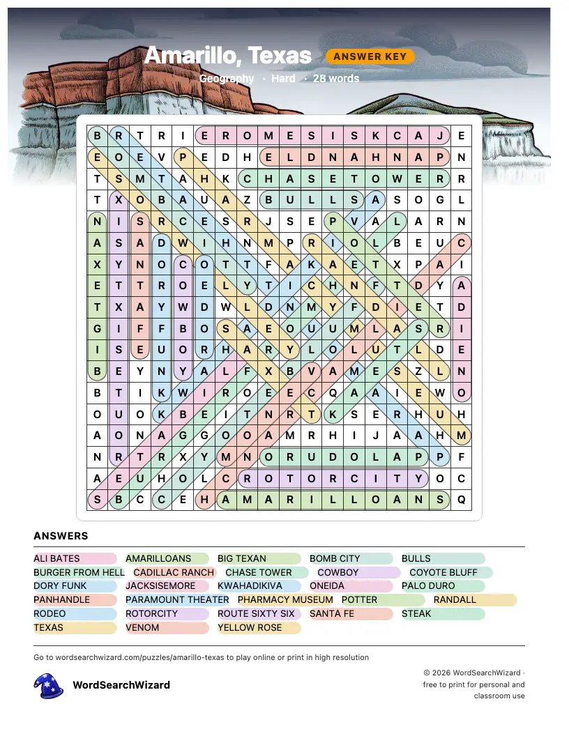 Amarillo, Texas word search answer key, all 28 words marked