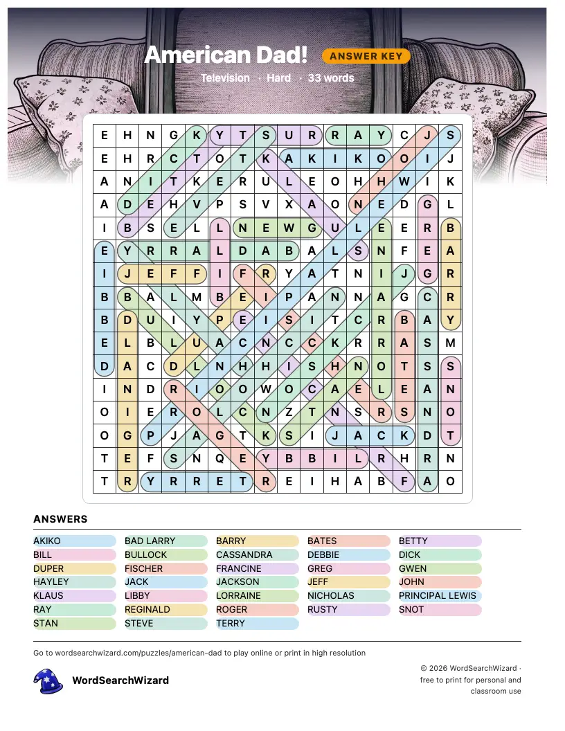 American Dad! word search answer key, all 33 words marked