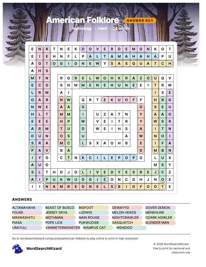American Folklore word search answer key, all 24 words marked