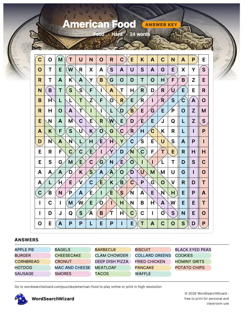 American Food word search answer key, all 24 words marked