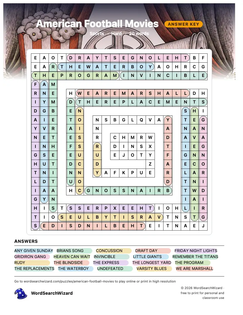 American Football Movies word search answer key, all 20 words marked