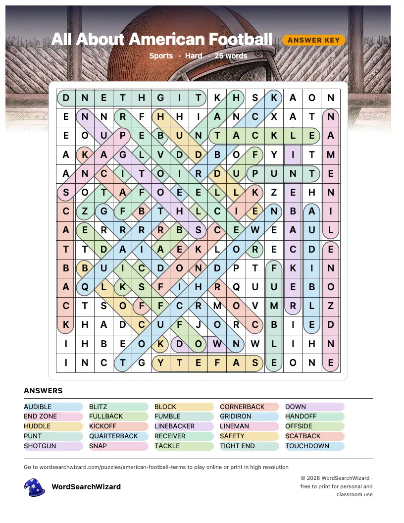 All About American Football word search answer key, all 25 words marked