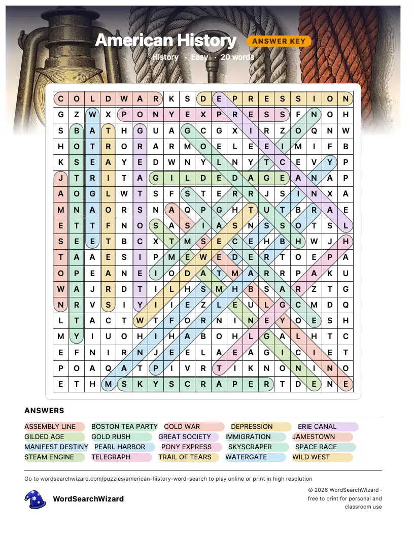 American History word search answer key, all 20 words marked