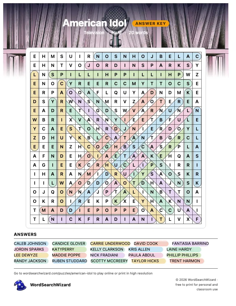 American Idol word search answer key, all 20 words marked