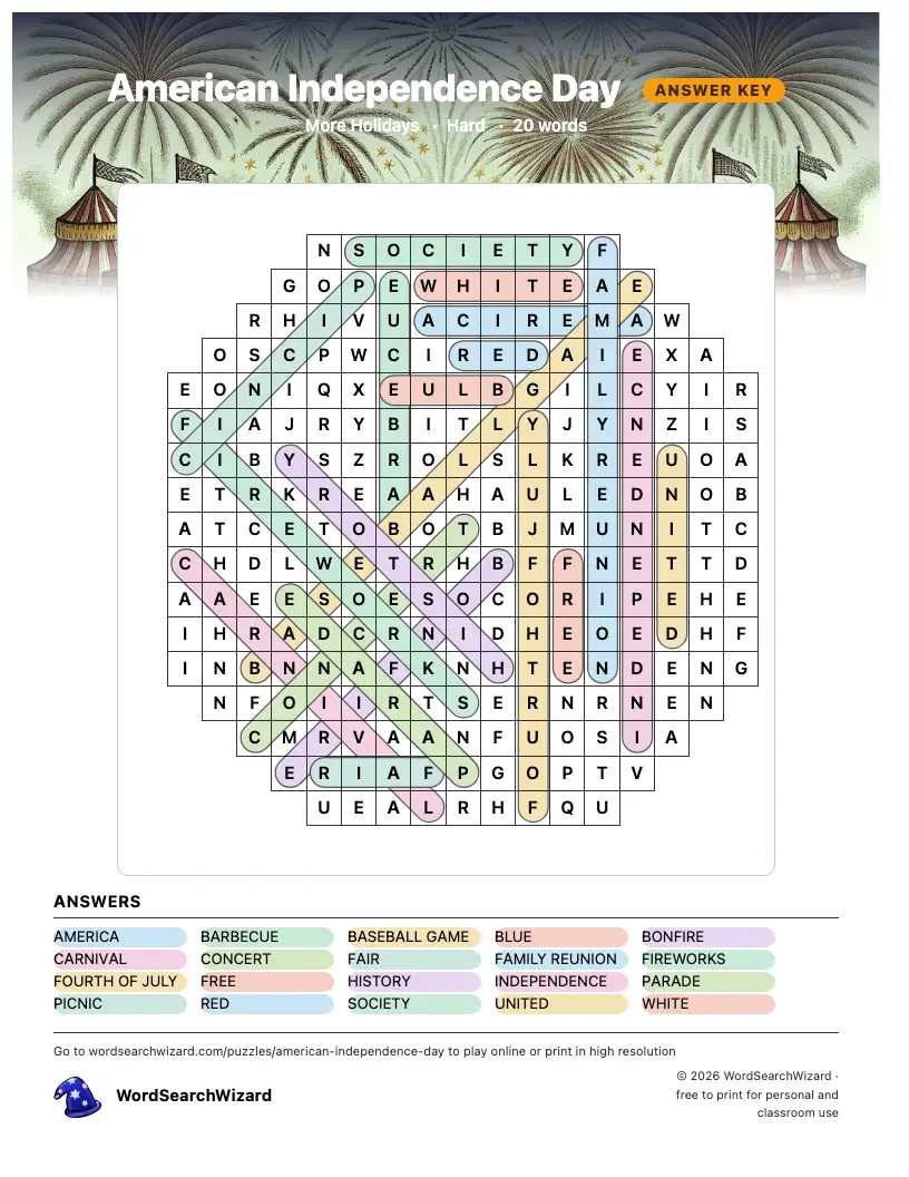 American Independence Day word search answer key, all 20 words marked