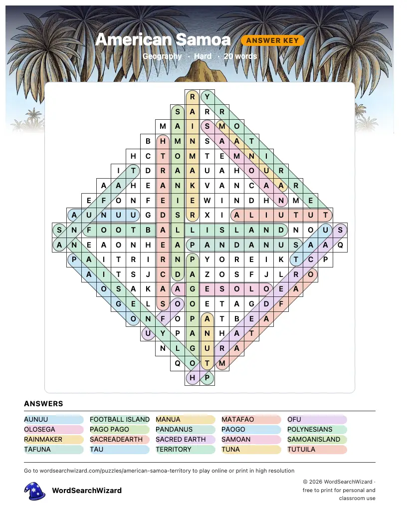 American Samoa word search answer key, all 20 words marked