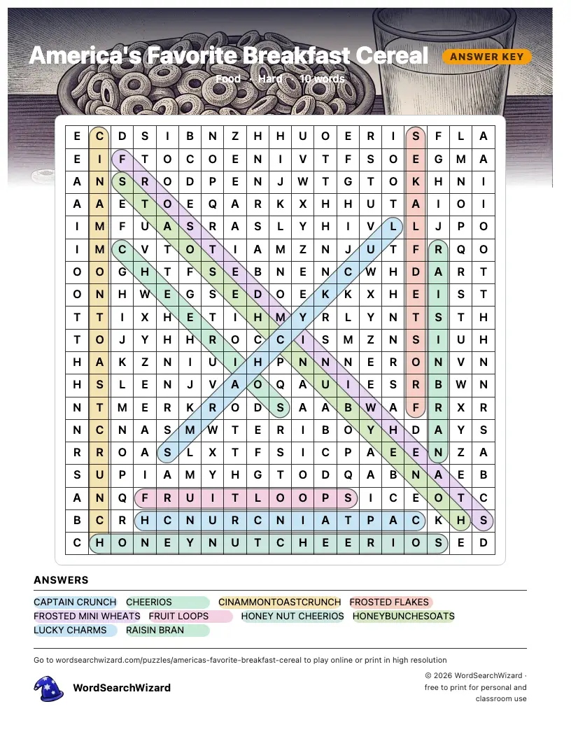 America's Favorite Breakfast Cereal word search answer key, all 10 words marked