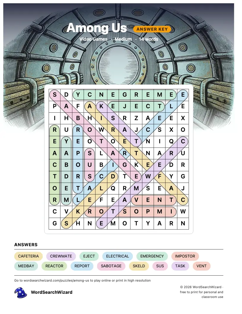 Among Us word search answer key, all 14 words marked