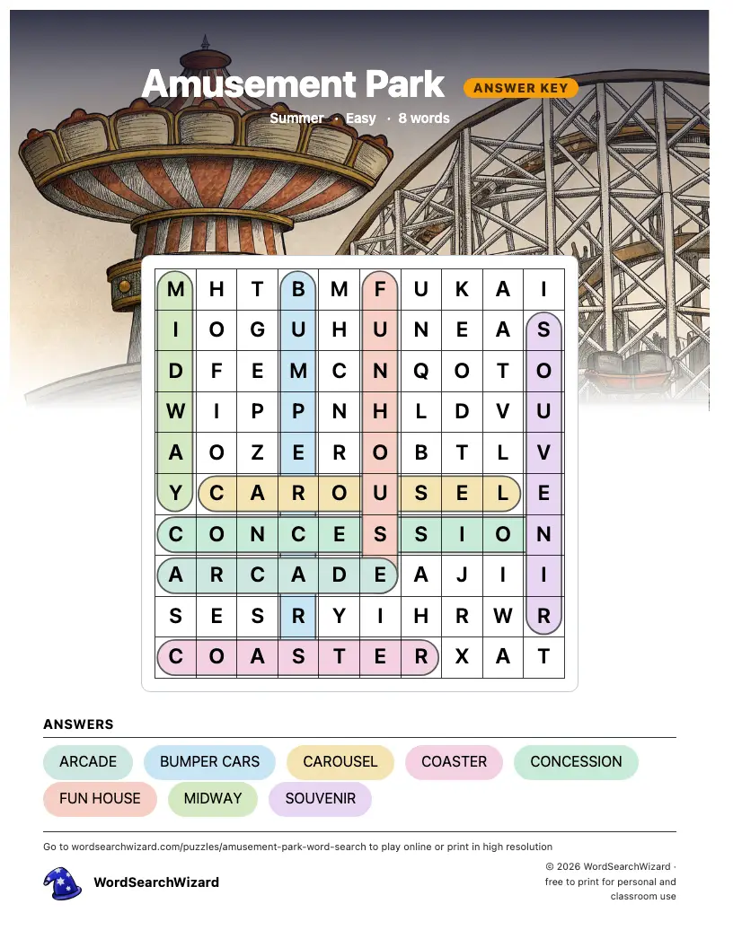 Amusement Park word search answer key, all 8 words marked