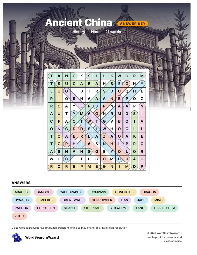 Ancient China word search answer key, all 21 words marked