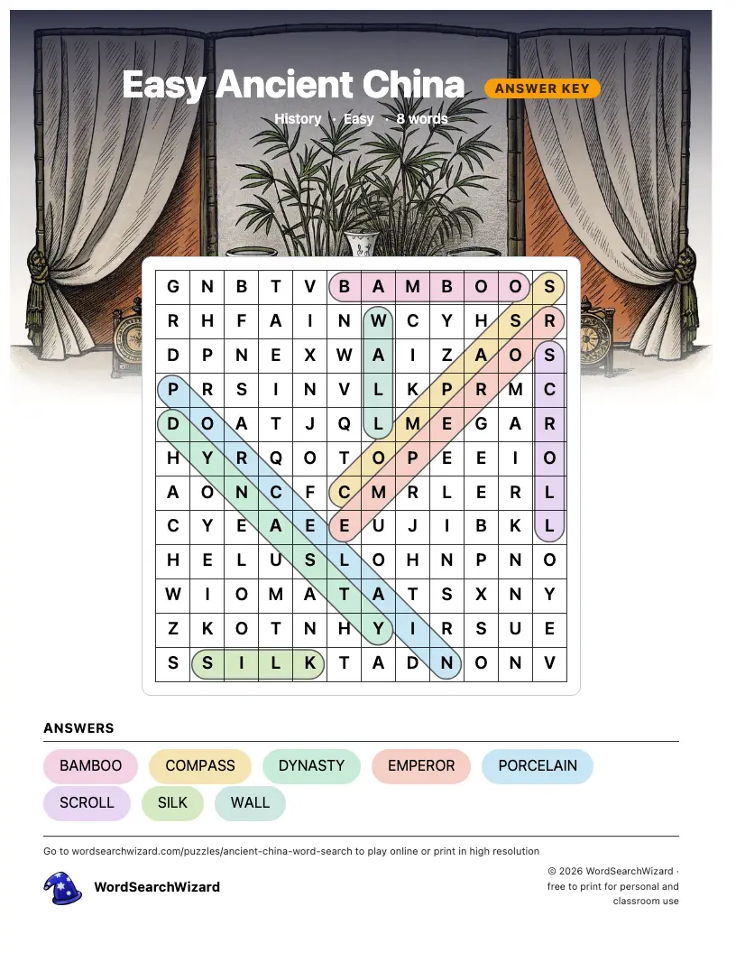 Easy Ancient China word search answer key, all 8 words marked