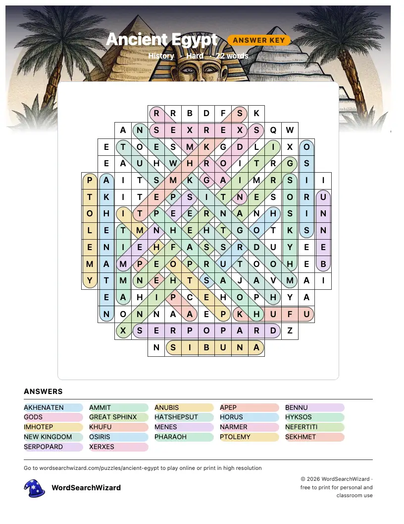 Ancient Egypt word search answer key, all 22 words marked