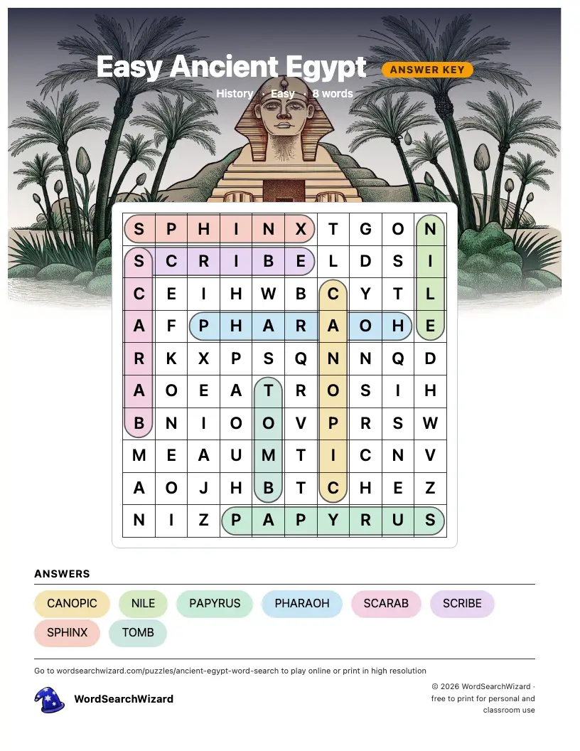 Easy Ancient Egypt word search answer key, all 8 words marked