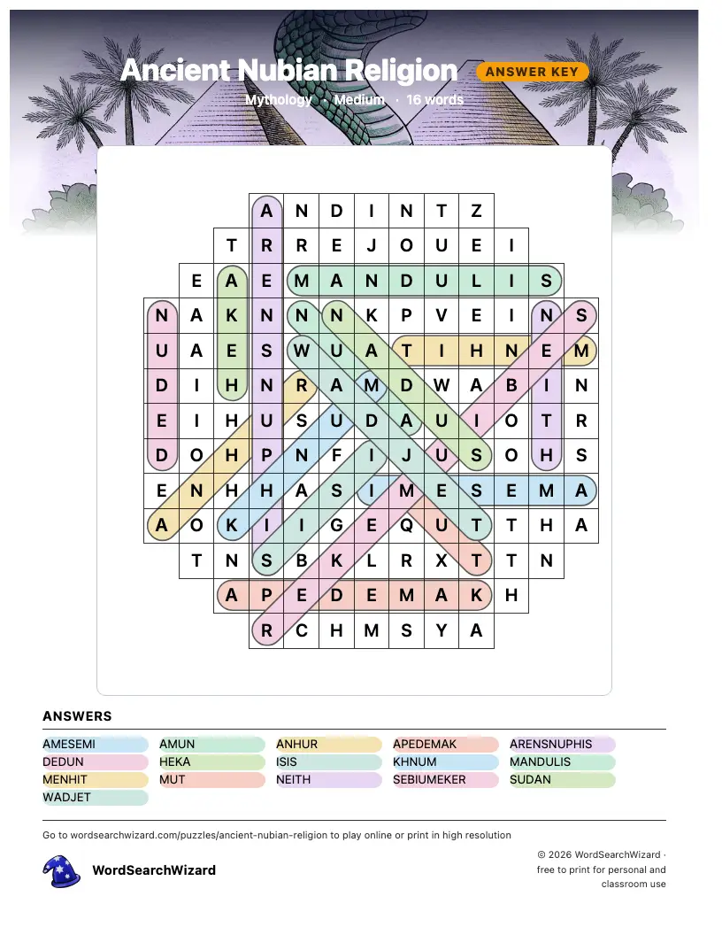 Ancient Nubian Religion word search answer key, all 16 words marked