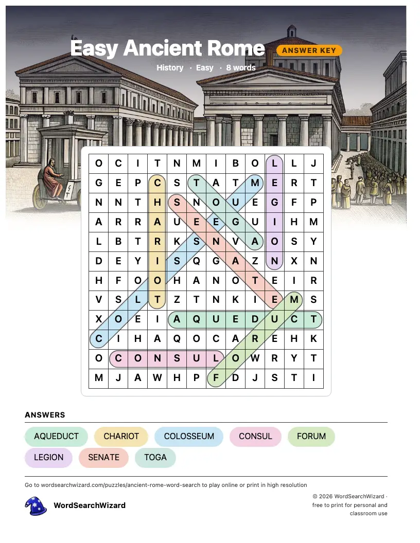Easy Ancient Rome word search answer key, all 8 words marked
