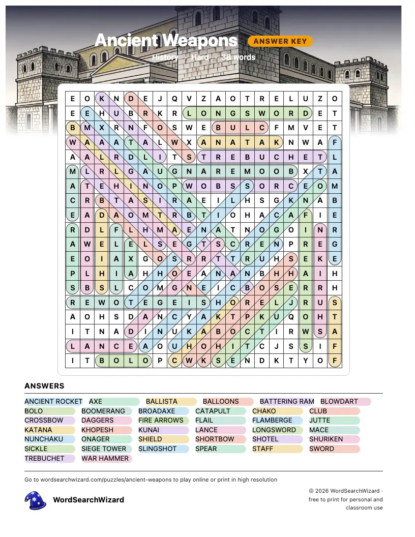Ancient Weapons word search answer key, all 38 words marked