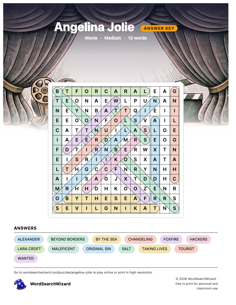 Angelina Jolie word search answer key, all 13 words marked
