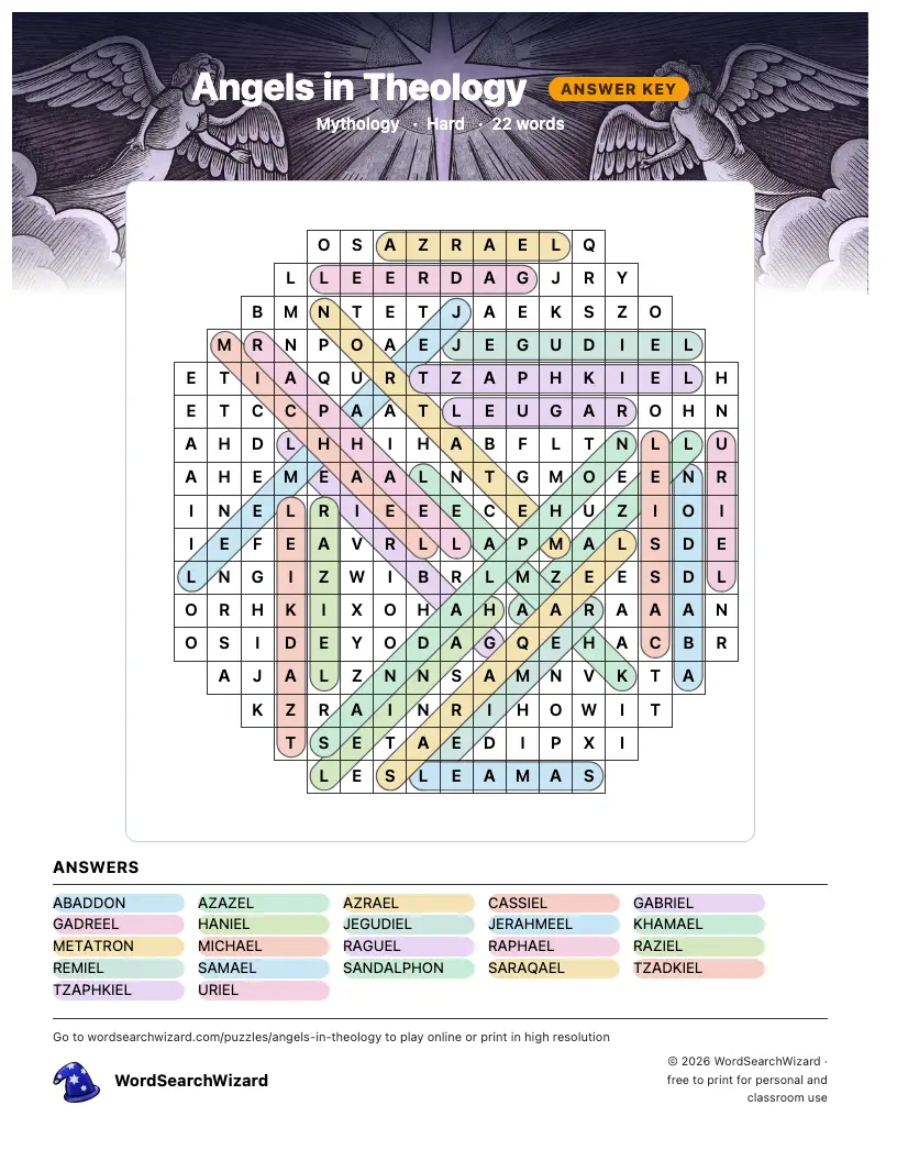 Angels in Theology word search answer key, all 22 words marked