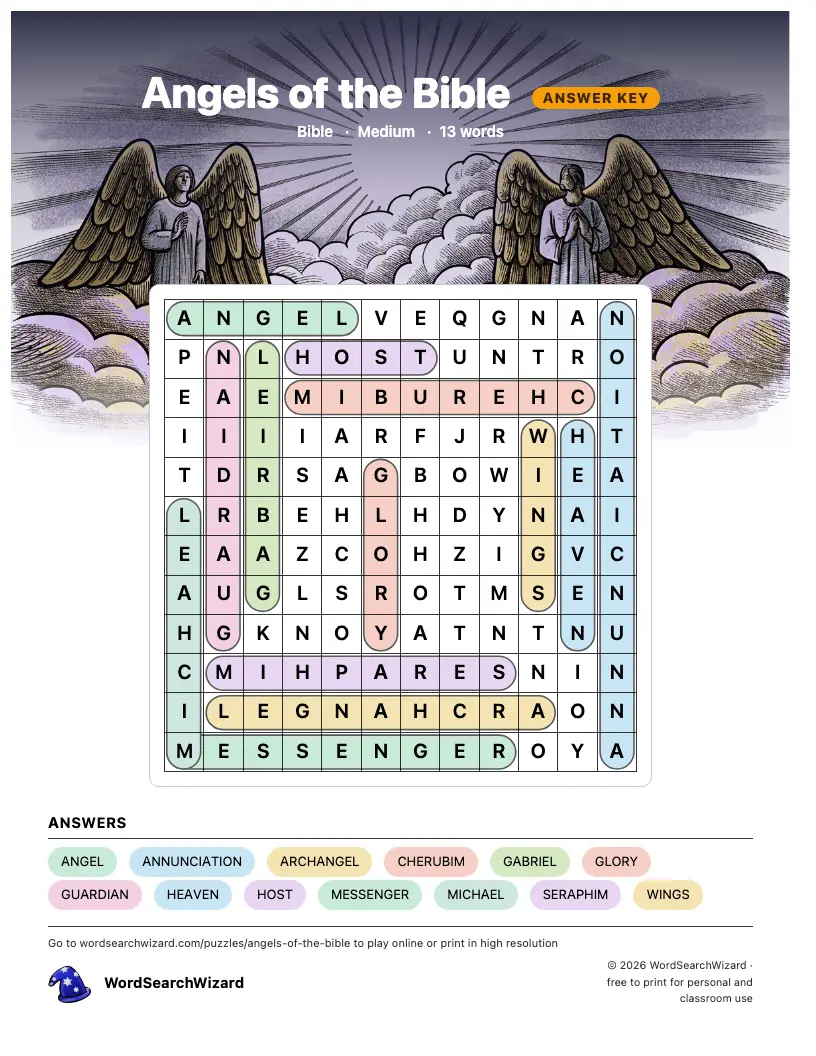 Angels of the Bible word search answer key, all 13 words marked