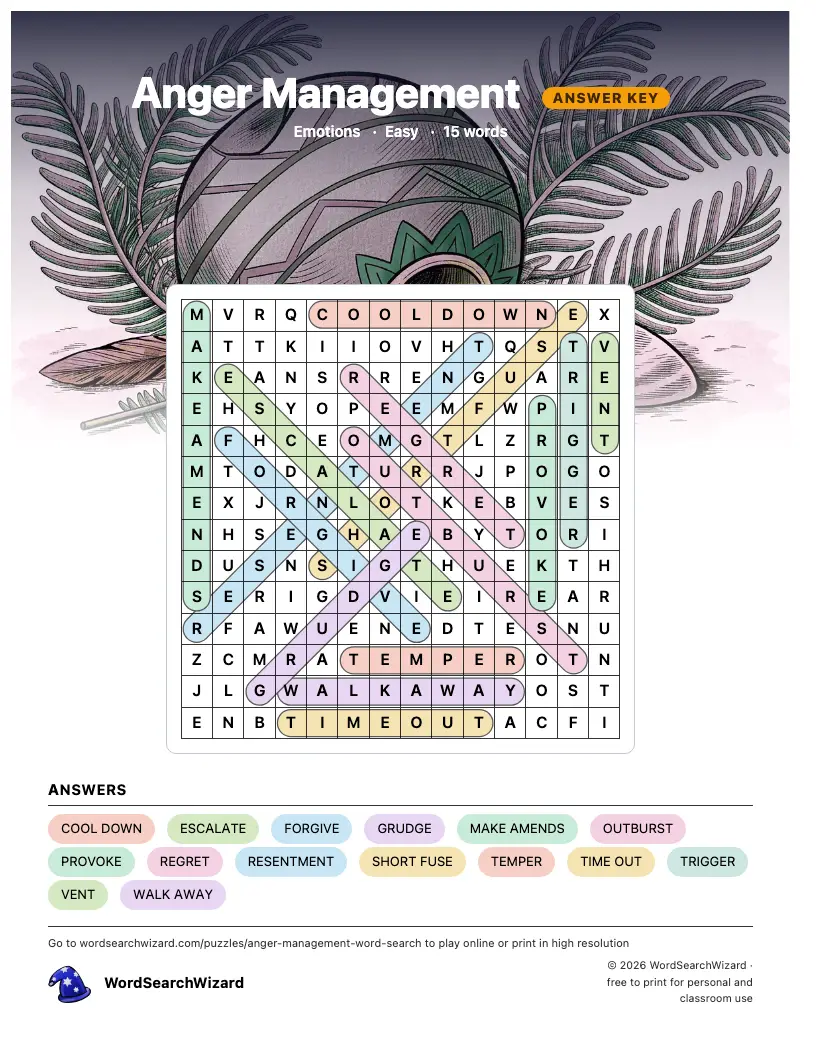 Anger Management word search answer key, all 15 words marked