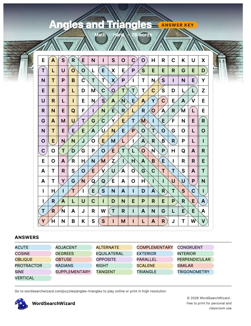 Angles and Triangles word search answer key, all 26 words marked